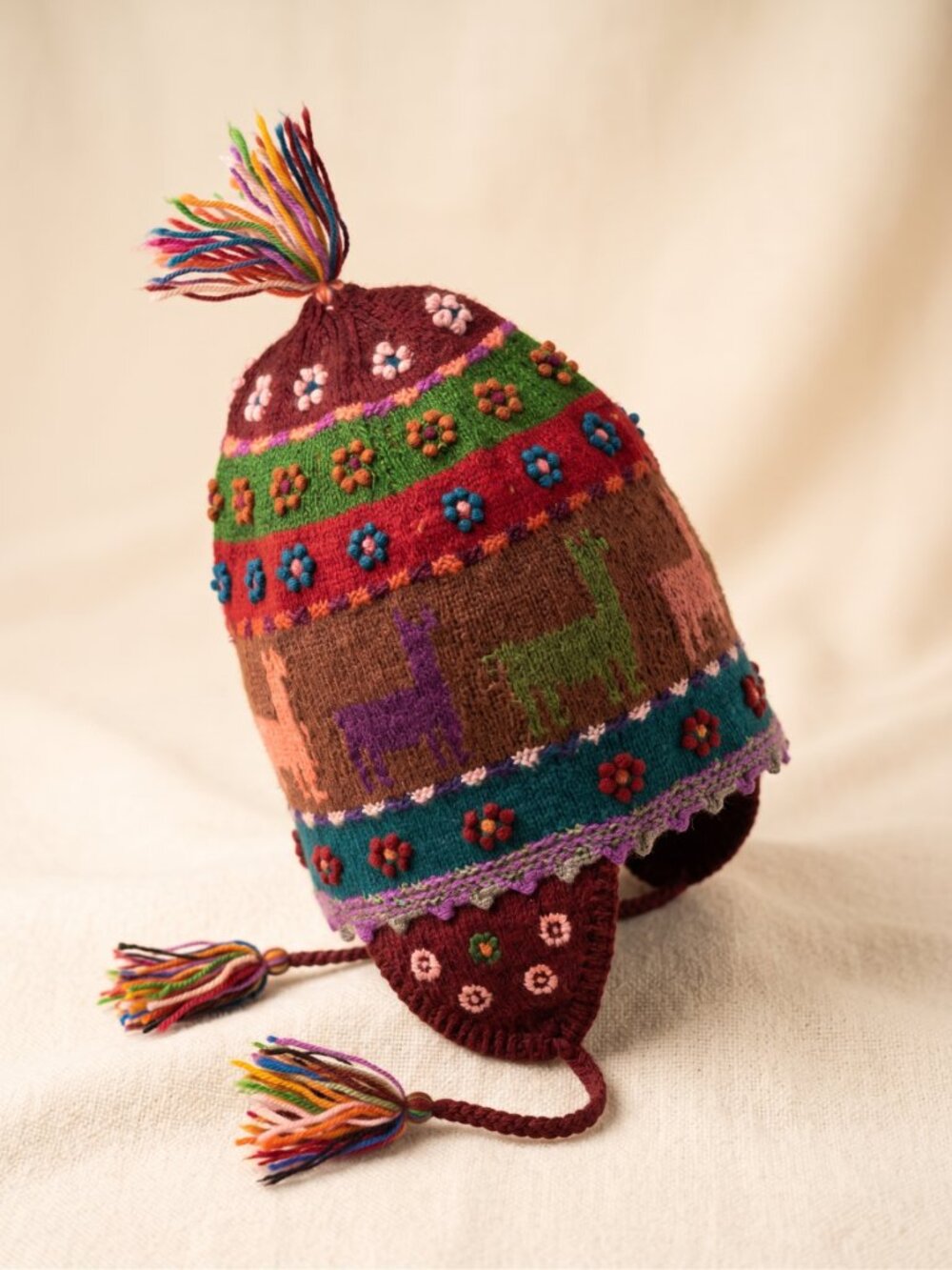 Traditional Andean Sheep's Wool Chullo with Llama and Multicolored Flower Design